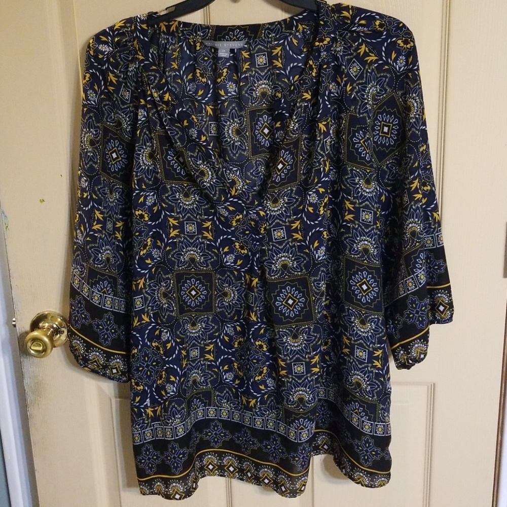 Navy black and yellow print blouse